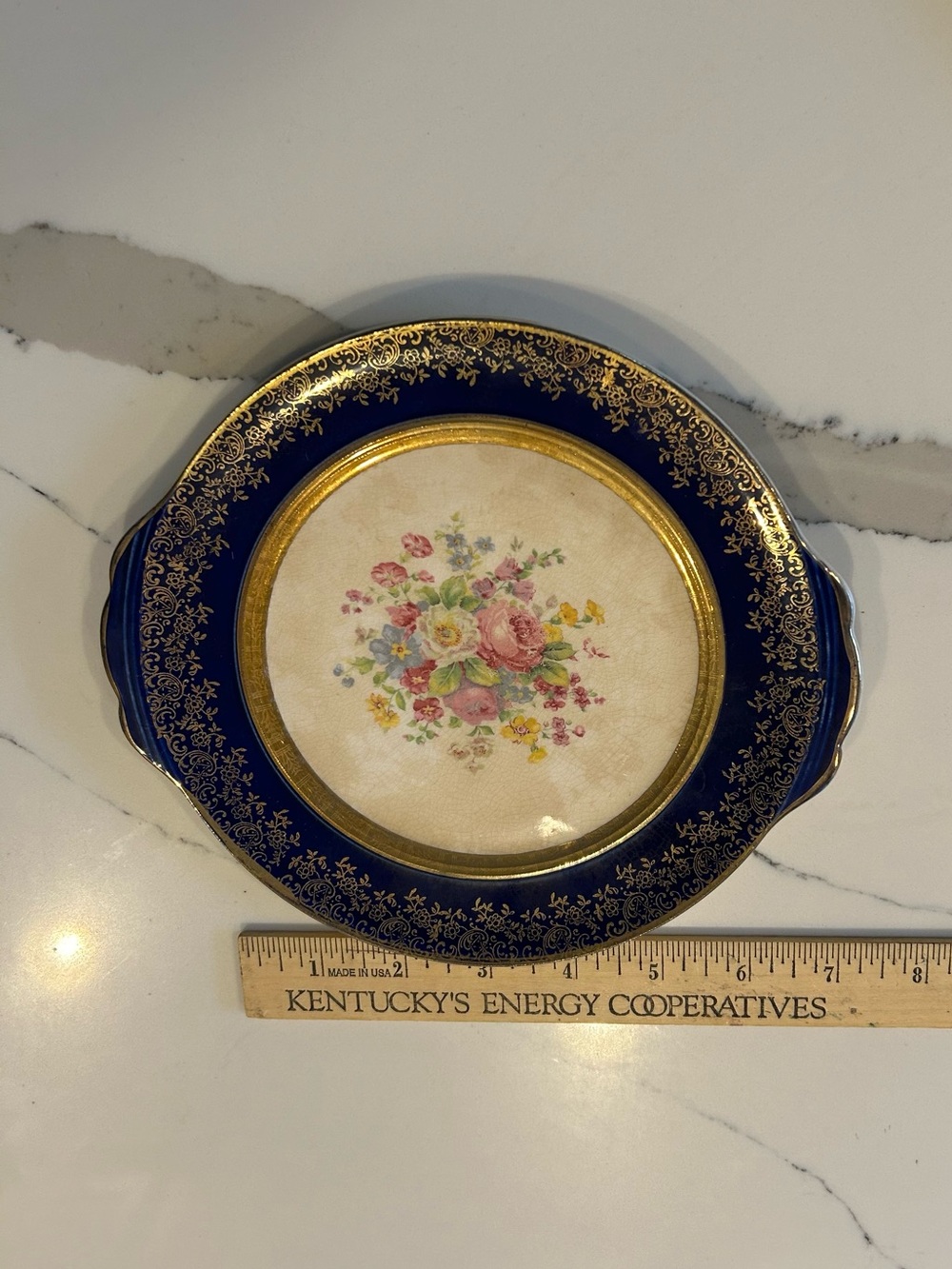 Vintage Century Salem 23 Karat cobalt Blue Floral Plate with Tab Handles